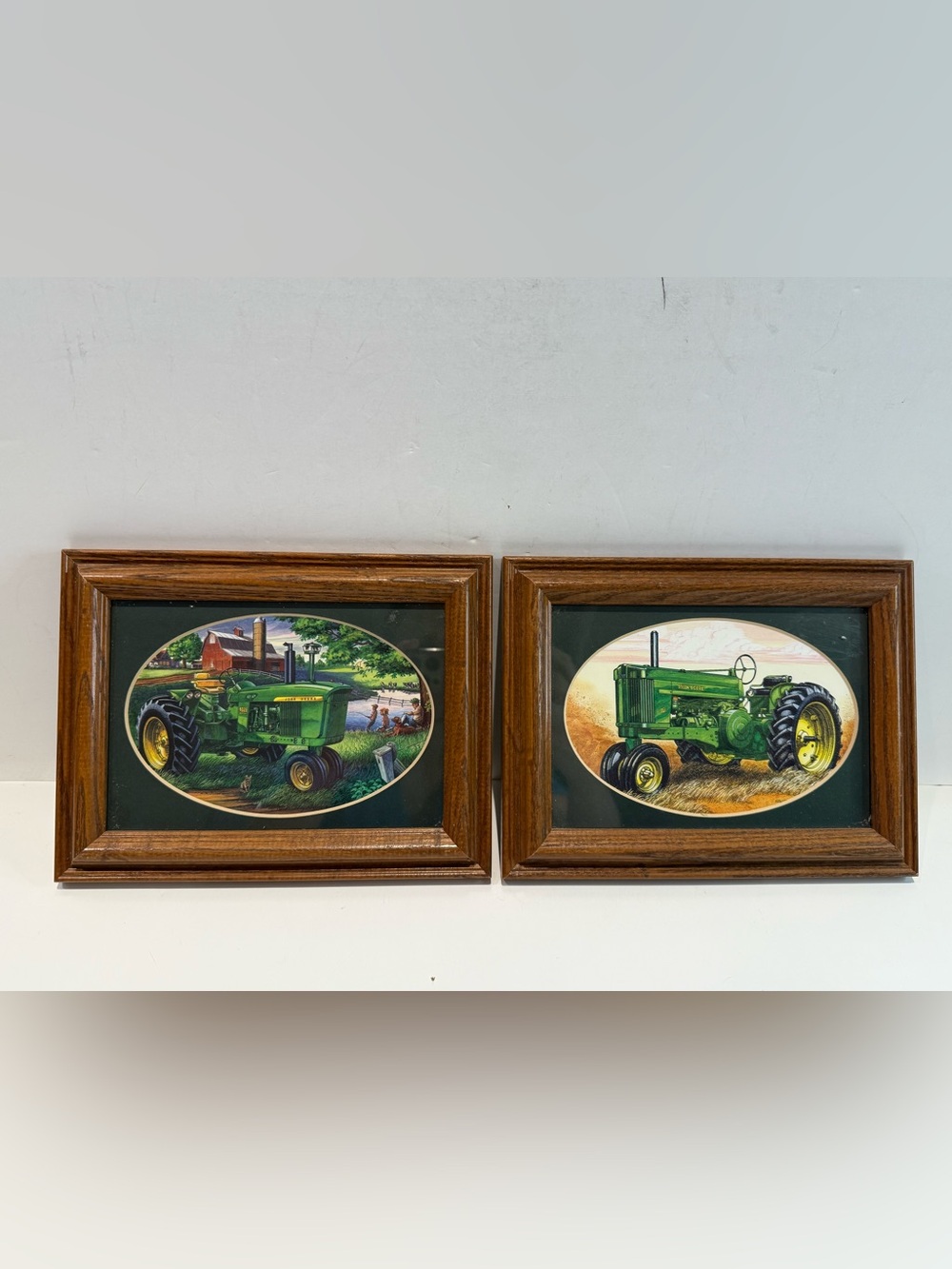 Set of 2 Vintage Framed John Deere Green Tractor Art Prints Oak Frames